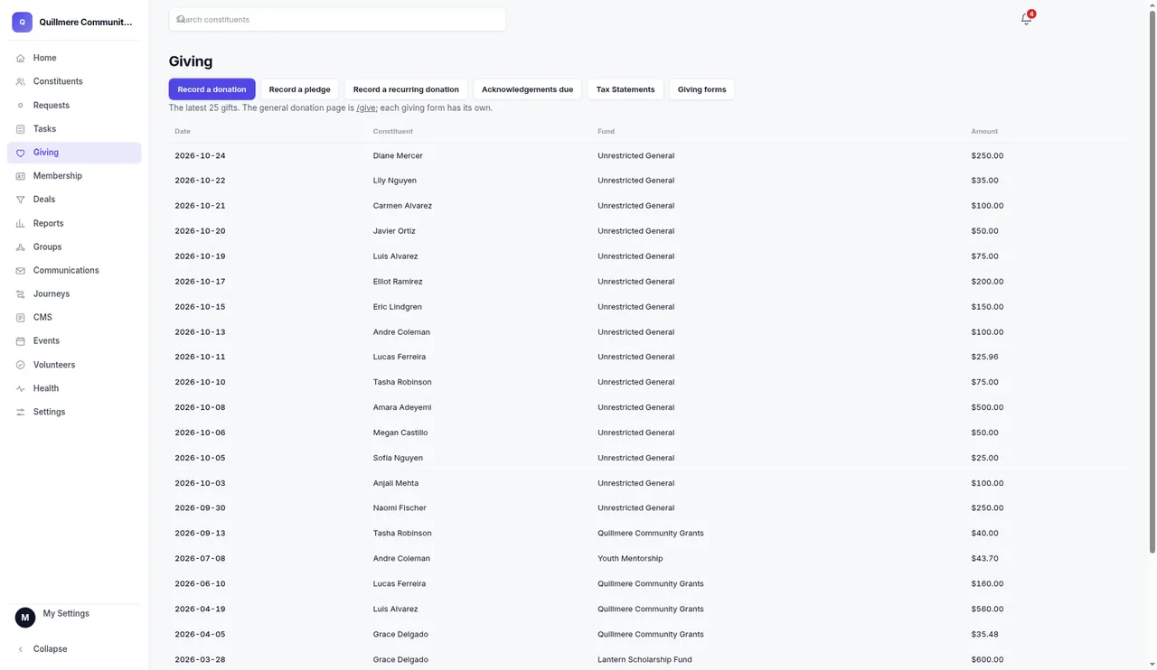 Giving list in Kingdom52 CRM