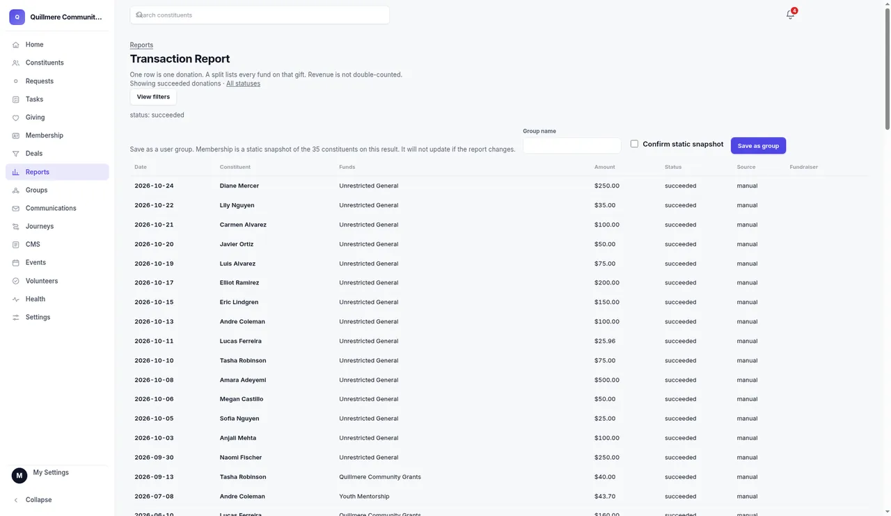 A transaction report in Kingdom52 CRM