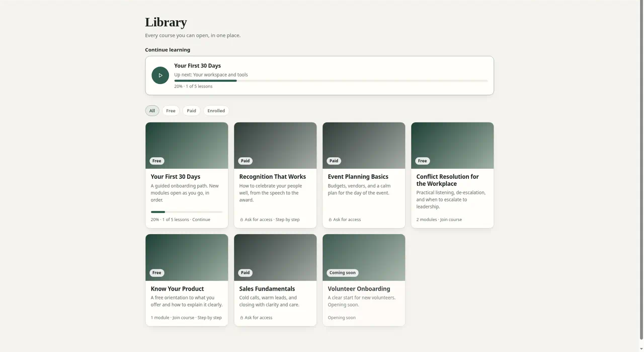 Kingdom52 learning platform course library, with a course in progress and free and paid courses to open